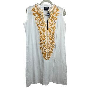 Madison Mathews White Sleeveless Dress with Yellow Embroidery NWT Sz. S